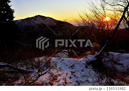 丹沢の二ノ塔 朝焼けの雪稜に大山を望む 丹沢の二ノ塔 朝焼けの雪稜に大山を望む 116531982