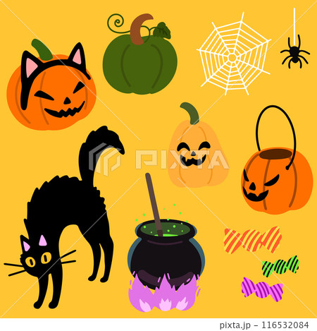 シンプルで可愛いハロウィンのイラストセット　カボチャ多め　主線なし 116532084