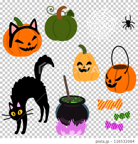 シンプルで可愛いハロウィンのイラストセット　カボチャ多め　主線なし 116532084