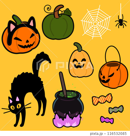 シンプルで可愛いハロウィンのイラストセット　カボチャ多め　主線あり 116532085