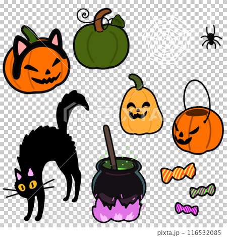シンプルで可愛いハロウィンのイラストセット　カボチャ多め　主線あり 116532085