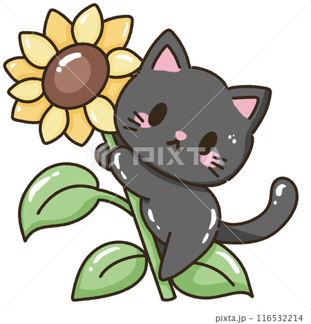 Hand drawn doodle illustration kawaii cute black cat named Luna kitten Fall sunflower thanksgiving decoration,halloween, autumn 116532214
