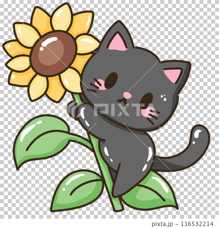 Hand drawn doodle illustration kawaii cute black cat named Luna kitten Fall sunflower thanksgiving decoration,halloween, autumn 116532214