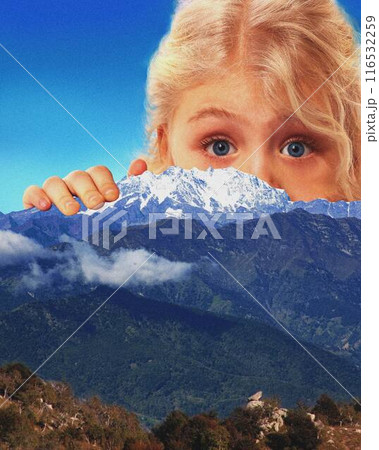 Contemporary art collage. Curious child peeks over snow-capped mountain, merging wonder of childhood with grandeur of nature, under clear blue sky. 116532259