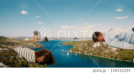 Contemporary art collage. Exhausted office workers lie draped over coastal landscape, embodying need for summer escape from daily grind. Contemporary art collage. Exhausted office workers lie draped over coastal landscape, embodying need for summer escape from daily grind. 116532293