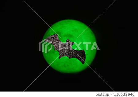 Glitter paper bat across a green Moon background. Minimalist Halloween arts and crafts 116532946