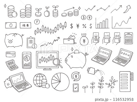 投資やお金にまつわる手描きイラストセット（モノクロ） 116532958