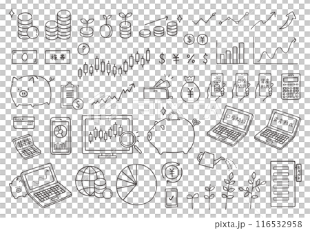 投資やお金にまつわる手描きイラストセット（モノクロ） 116532958