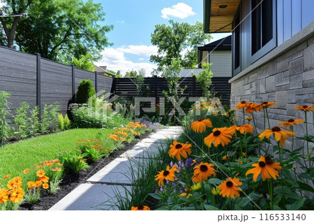 Modern fence and flower garden. 116533140