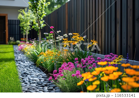 Modern fence and flower garden. 116533141