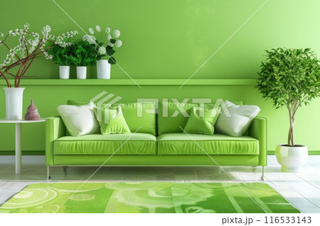 Modern green living room design with sofa and furniture with flowers. 116533143