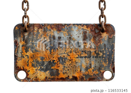 Old rusty tin sign hanging on a chain 116533145