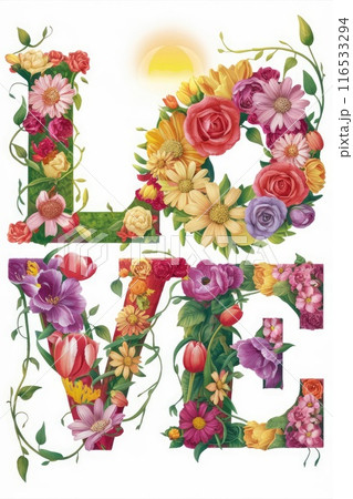 The word love composed of different colored flowers and green leaves 116533294