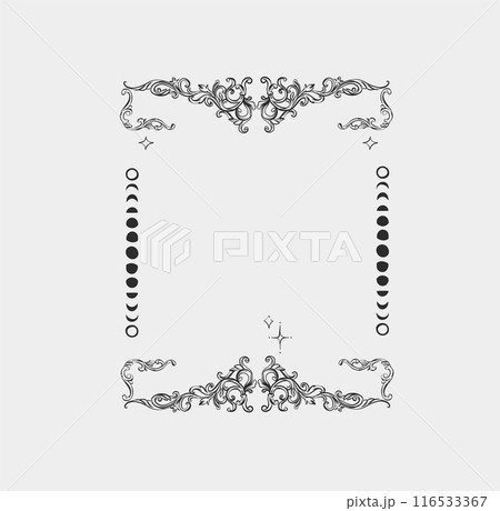 Hand drawn vector abstract outline,graphic,line vintage baroque ornament floral frame in calligraphic elegant modern style.Baroque floral vintage outline design concept.Vector antique frame isolated. 116533367