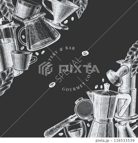 Alternative Coffee Makers Chalk Board Illustration. Vector Hand Drawn Specialty Coffee Equipment Banner. Vintage Style Coffee Bar Design Alternative Coffee Makers Chalk Board Illustration. Vector Hand Drawn Specialty Coffee Equipment Banner. Vintage Style Coffee Bar Design 116533539