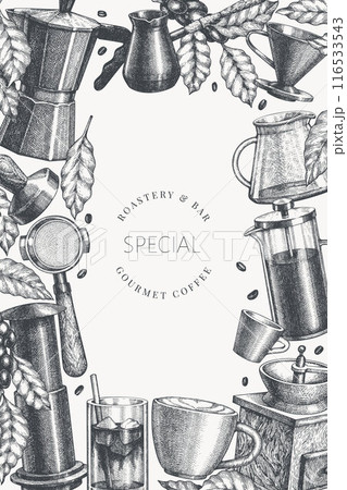 Alternative Coffee Makers Illustration. Vector Hand Drawn Specialty Coffee Equipment Banner. Vintage Style Coffee Bar Design Alternative Coffee Makers Illustration. Vector Hand Drawn Specialty Coffee Equipment Banner. Vintage Style Coffee Bar Design 116533543