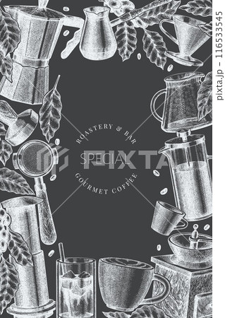 Alternative Coffee Makers Chalk Board Illustration. Vector Hand Drawn Specialty Coffee Equipment Banner. Vintage Style Coffee Bar Design Alternative Coffee Makers Chalk Board Illustration. Vector Hand Drawn Specialty Coffee Equipment Banner. Vintage Style Coffee Bar Design 116533545
