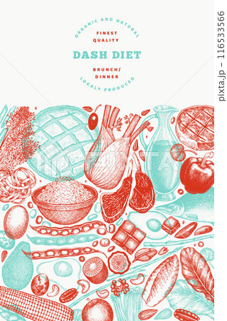 Dash Diet Design Template. Vector Hand Drawn Healthy Food Banner. Vintage Style Menu Illustration. 116533566