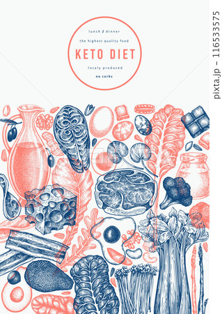 Keto Diet Design Template. Vector Hand Drawn Healthy Food Banner. Vintage Style Ketogenic Menu Illustration. 116533575