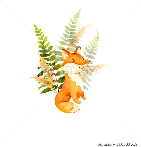 cute red baby fox against forest herbs and plants, watercolor sketch of cartoon forest animal with fern's leaves and greenery leaf plant, funny illustration on white background, for children posters 116533619