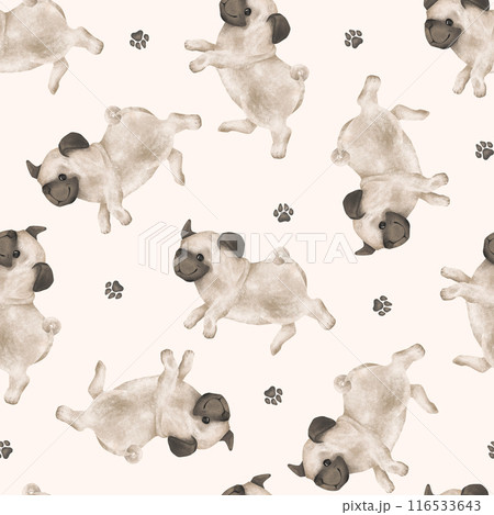 Seamless pattern of animal dogs and paws for kids. Hand drawn illustration of pug running or jumping on isolated background. Minimalist Scandinavian style. Cute pets for kids post or stickers 116533643