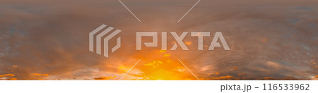360 panorama of glowing sunset sky with bright pink Cumulus clouds. HDR 360 seamless spherical panorama. Full zenith or sky dome sky replacement for aerial drone panoramas. Climate and weather change. 116533962