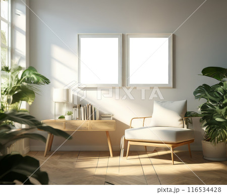 Mock up two picture frame in living room interior with urban jungle. Modern arm chair in room with green plants. Scandinavian and boho style room interior with many natural potted plants 116534428