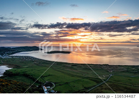 Aerial view of beautiful sunset at Portnoo and Narin in County Donegal - Ireland Aerial view of beautiful sunset at Portnoo and Narin in County Donegal - Ireland 116534487