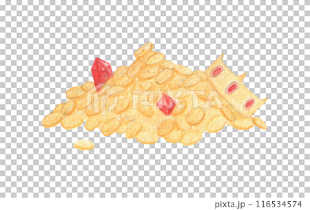 Watercolor illustration of a pile of treasures. Hand drawn sketch of coins, jewelry, crown, rubies. Isolated 116534574