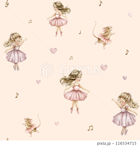 Watercolor seamless pattern with cute little ballerinas and mouse. Hand drawn illustration heart and notes or treble clef on isolated background. Background for girl textile with dancing in pink dress 116534715