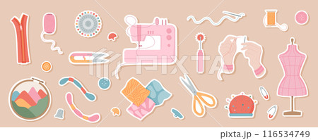 Hand drawn sewing tools and accessories set. Includes needle, thread and sewing machine, also bobbin and embroidery icons for sewing projects. Perfect for tailor and crafts illustrations and designs. 116534749