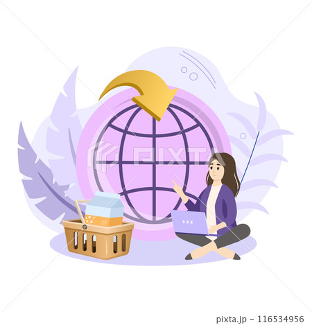 Woman ordering groceries online using laptop for global delivery service 116534956