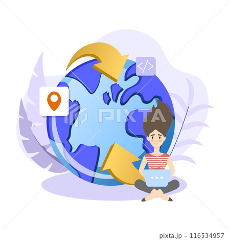 Software developer working remotely managing global project using laptop 116534957