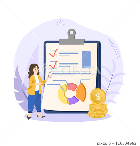 Businesswoman managing financial report with checklist and pie chart on clipboard for successful investment strategy 116534962