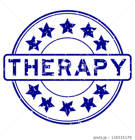 Grunge blue therapy word with star icon round rubber seal stamp on white background 116535170