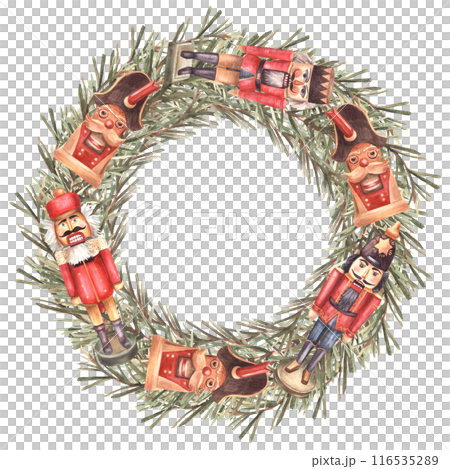 Christmas wreath. Spruce tree branches with nutcrackers retro toy Natural circle frame with traditional Xmas vintage decor. Festive card template Watercolor painted illustration on isolated background Christmas wreath. Spruce tree branches with nutcrackers retro toy Natural circle frame with traditional Xmas vintage decor. Festive card template Watercolor painted illustration on isolated background 116535289