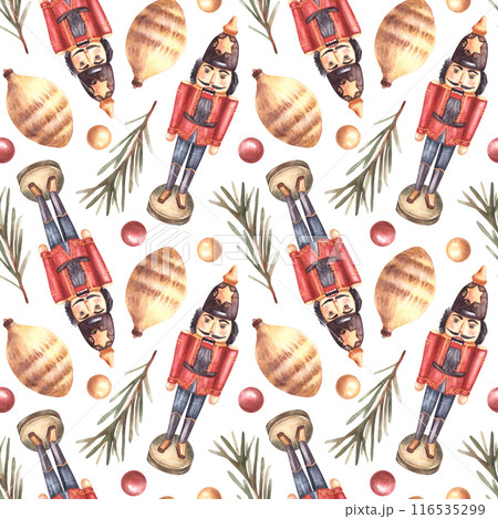 The Nutcracker with spruce branch and Christmas tree toys. Red and gold balls, golden cone. Xmax seamless pattern. Vintage winter print. Watercolor painted illustration on isolated white background The Nutcracker with spruce branch and Christmas tree toys. Red and gold balls, golden cone. Xmax seamless pattern. Vintage winter print. Watercolor painted illustration on isolated white background 116535299