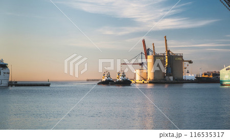 Sunset seaport scene with cargo ships, tugboats, cranes, and serene reflective water amidst industrial buildings. Calm yet functional maritime scenery 116535317