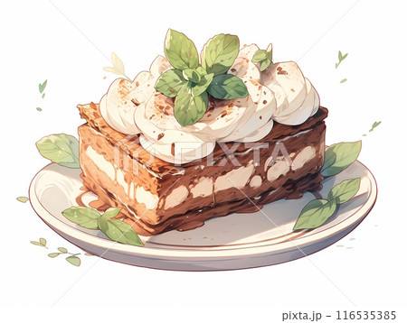ミントと生クリームをトッピングしたティラミスケーキ2 116535385