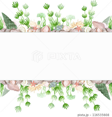 Hand drawn watercolor anchor with seashells frame border isolated on white background. Marine illustration can be used for card, label, invitation and other printed products. 116535608