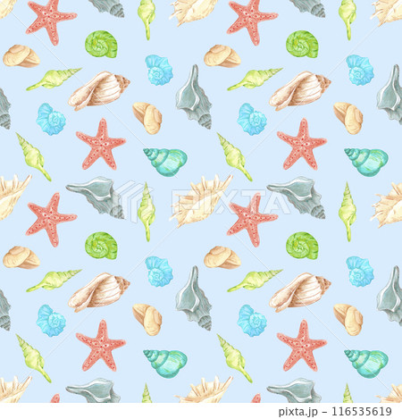 Hand drawn watercolor seashells seamless pattern isolated on blue background. Marine illustration can be used for textile, fabric, wrapping and other printed products. 116535619