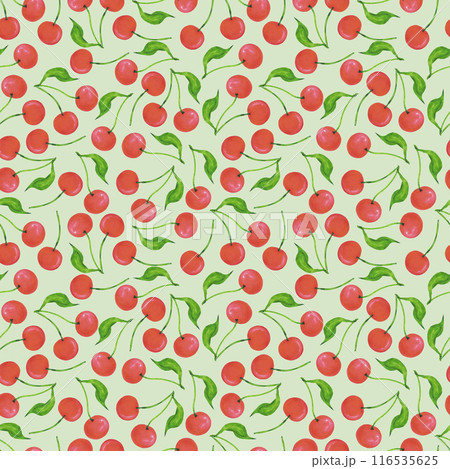 Hand drawn watercolor ripe cherries with green leaves seamless pattern isolated on green background. Can be used for textile, fabric, scrapbook and other printed products. 116535625