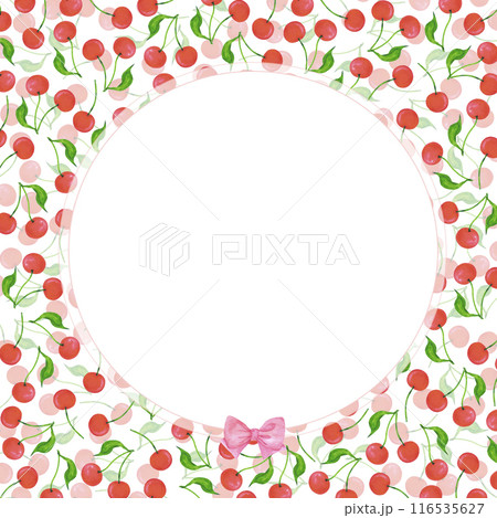 Hand drawn watercolor ripe cherries with green leaves wreath frame border isolated on white background. Can be used for postcard, invitation, scrapbook and other printed products. 116535627
