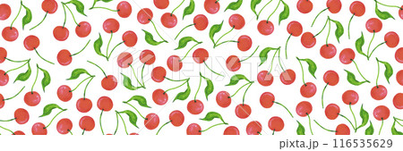 Hand drawn watercolor ripe cherries seamless border isolated on white background. Can be used for textile, fabric, scrapbook and other printed products. 116535629