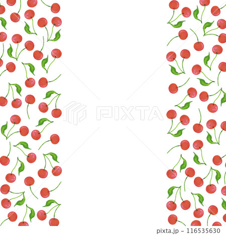 Hand drawn watercolor ripe cherries with green leaves wreath frame border isolated on white background. Can be used for postcard, invitation, scrapbook and other printed products. 116535630