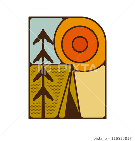 Outdoor adventure badge. Camping adventure label in retro flat style. Mountain logo graphics for t-shirt. Stock vector vintage artwork 116535817