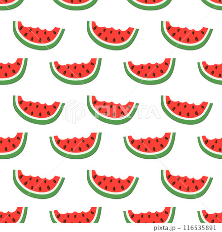 Seamless pattern with watermelon bite slice. Summer fruit print design for postcard, wrapping paper, textile, wallpaper. Vector flat illustration. 116535891