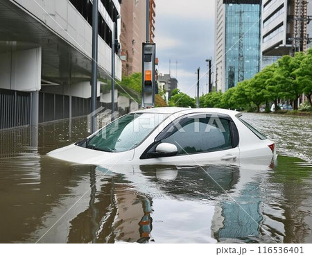 大雨の影響で水没する車 大雨の影響で水没する車 116536401