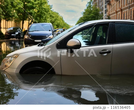 大雨の影響で水没する車 116536405