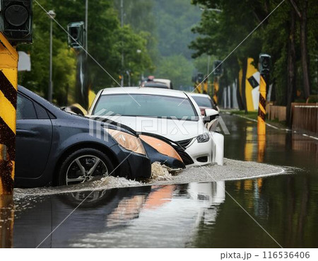 大雨の影響で水没する車 大雨の影響で水没する車 116536406